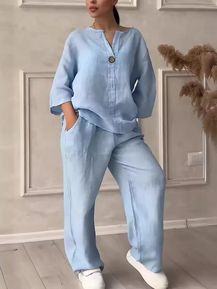 Airy & Stylish Summer Set with Blouse & Wide Trousers made of Linen – Melina-Light blue-S-The Livary