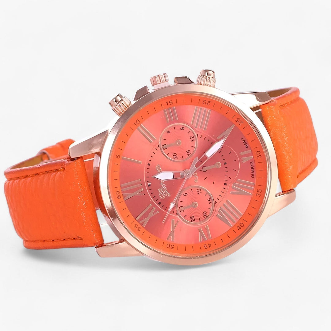 Luxury Waterproof Women's Watch with Leather Strap - Camille-Orange-The Livary