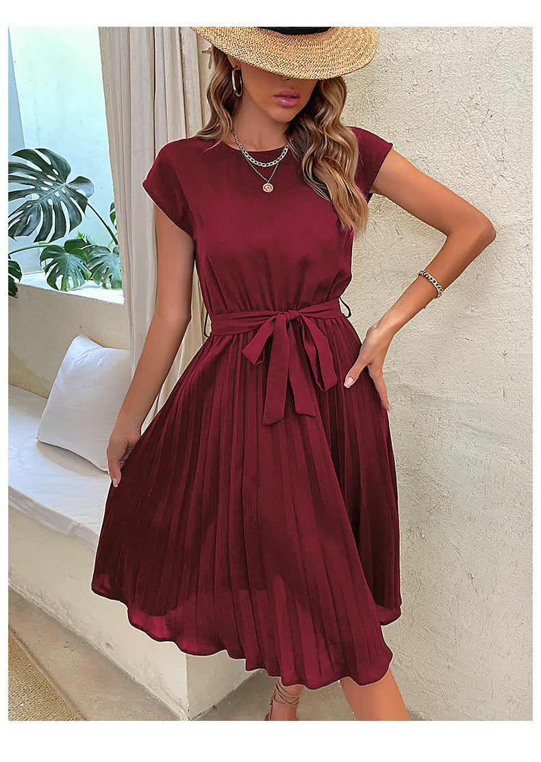 Pleated A-Line Summer Dress for Women with Short Sleeves – Melina-Red wine-S-The Livary