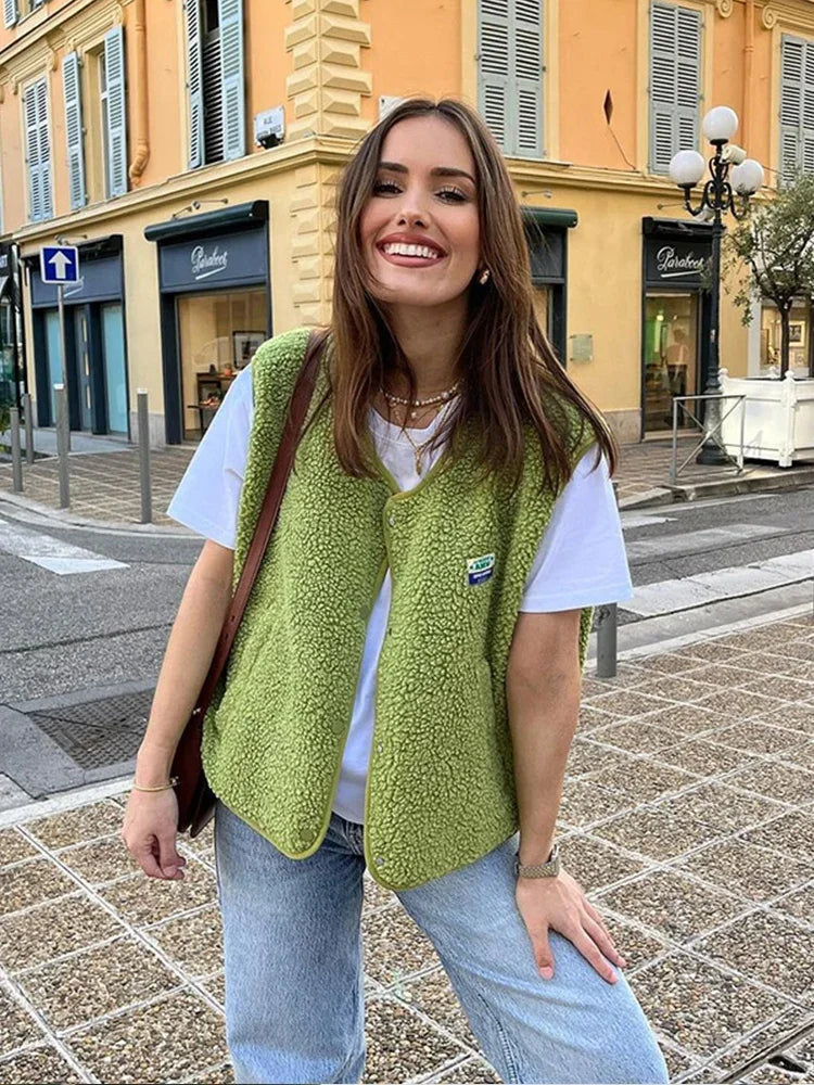 Warm & Comfortable V-neck Gilet for Women - Alina-Green-The Livary