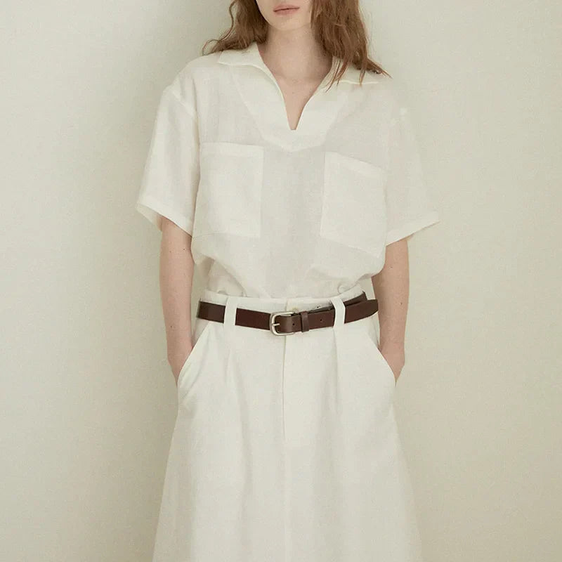 Airy & Timeless Short Sleeve Linen Blouse for Women V-Neck – Milena-S-The Livary