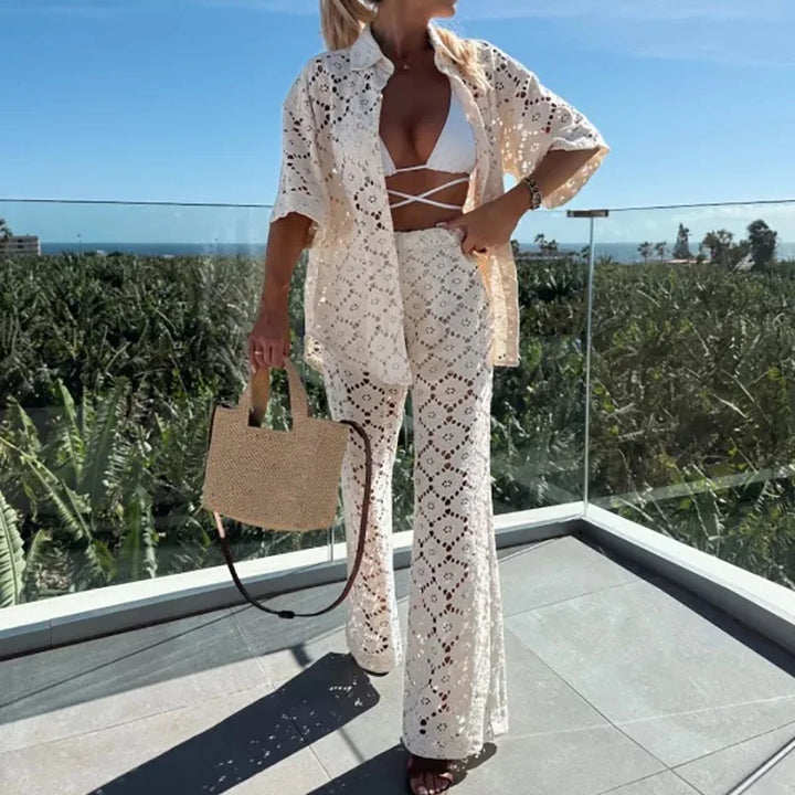Two-piece ladies lace outfit with wide trousers – Livia-White-S-The Livary