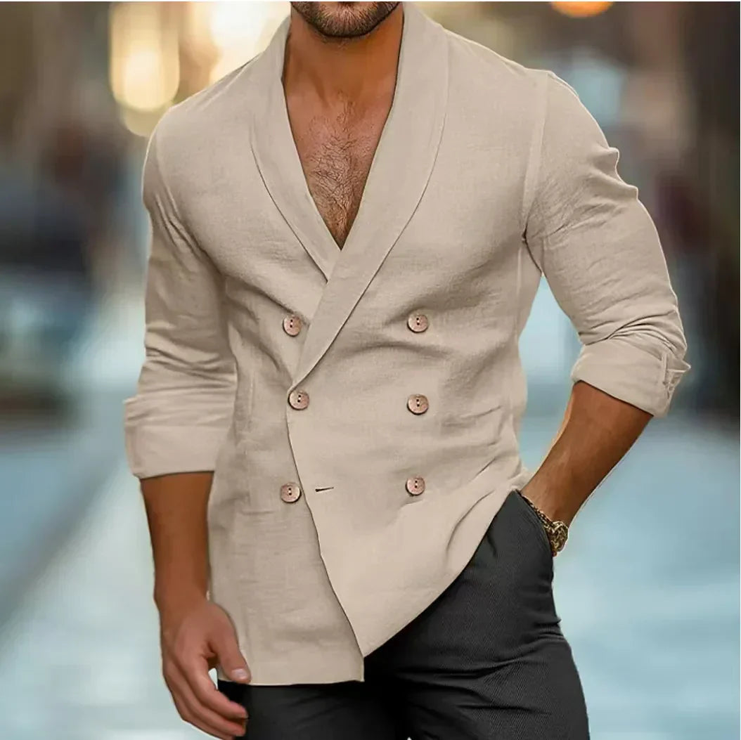 Breathable & Stylish Double-Breasted Linen Shirt for Men – Mateo-Khaki-S-The Livary
