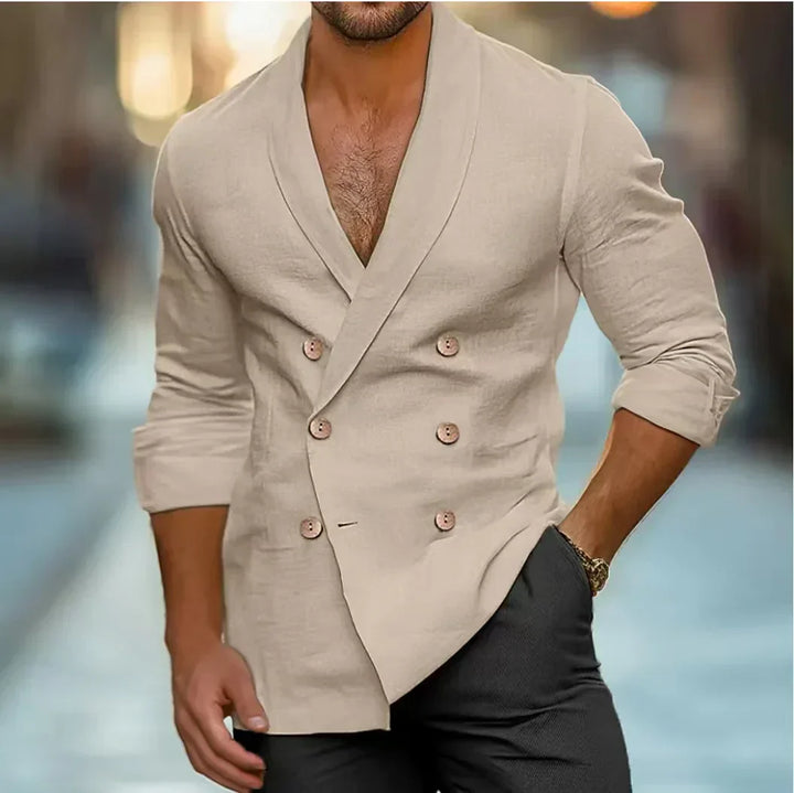 Breathable & Stylish Double-Breasted Linen Shirt for Men – Mateo-Khaki-S-The Livary