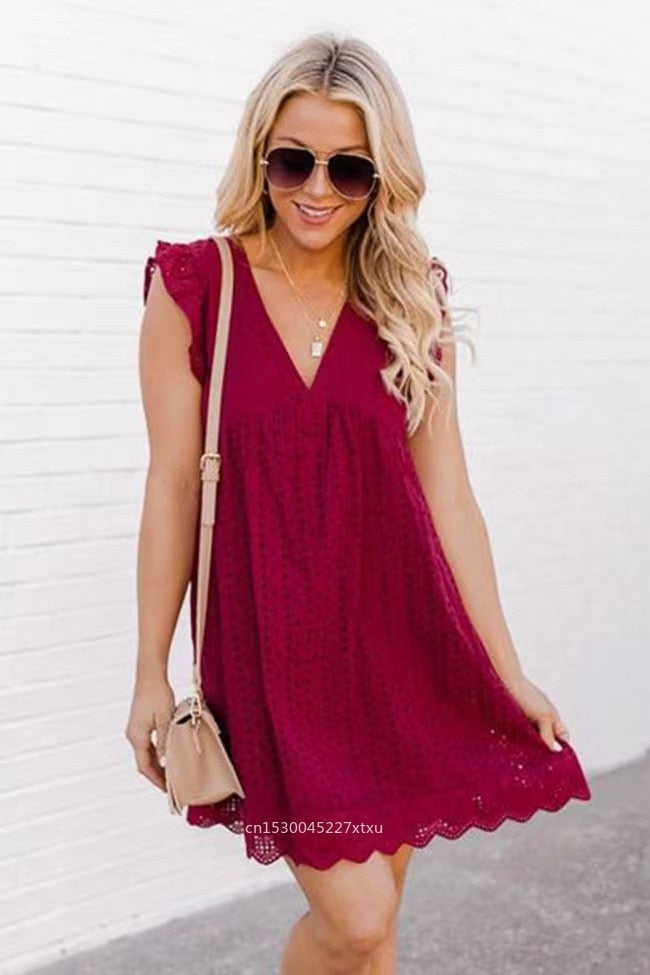 Trendy summer mini dress with ruffled sleeves – Elina-Maroon-XS-The Livary