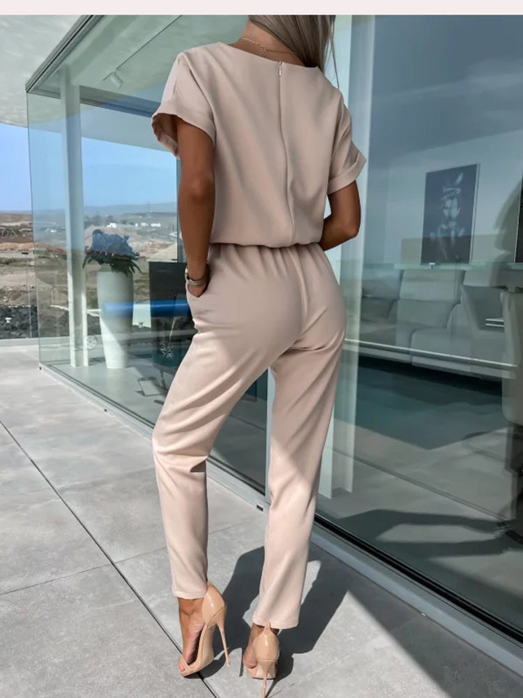 Jumpsuit with Short Sleeves and Belt - Eliana-Khaki-S-The Livary