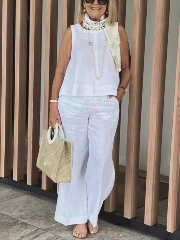 Two-piece women's summer set made of linen with sleeveless blouse – Maelis-White-S-The Livary