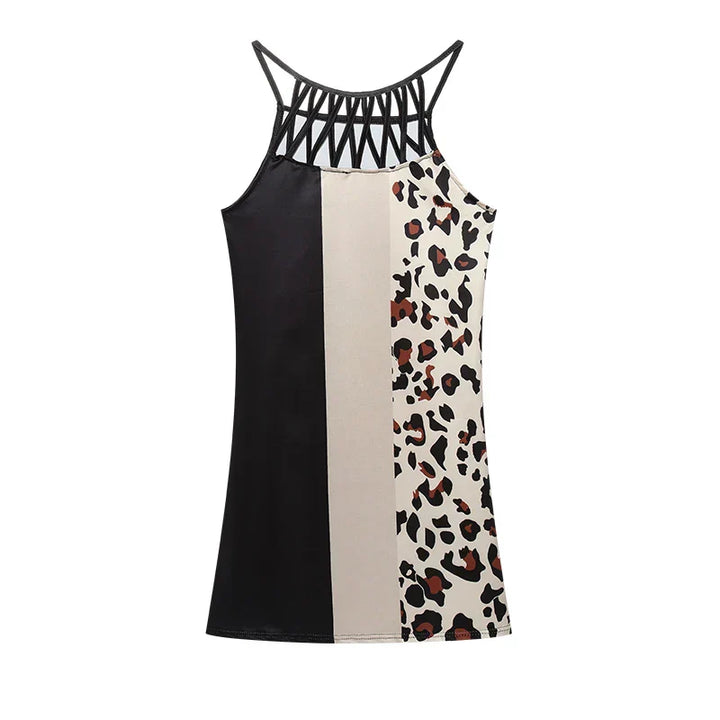 Trendy summer tunic dress with ethnic print & spaghetti straps – Kiara-Leopard print-S-The Livary