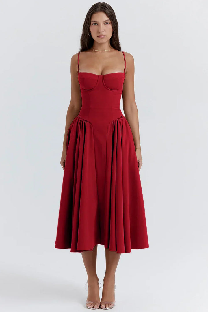 Stylish ladies' summer dress with spaghetti straps & waist corset – Mira-Red-S-The Livary