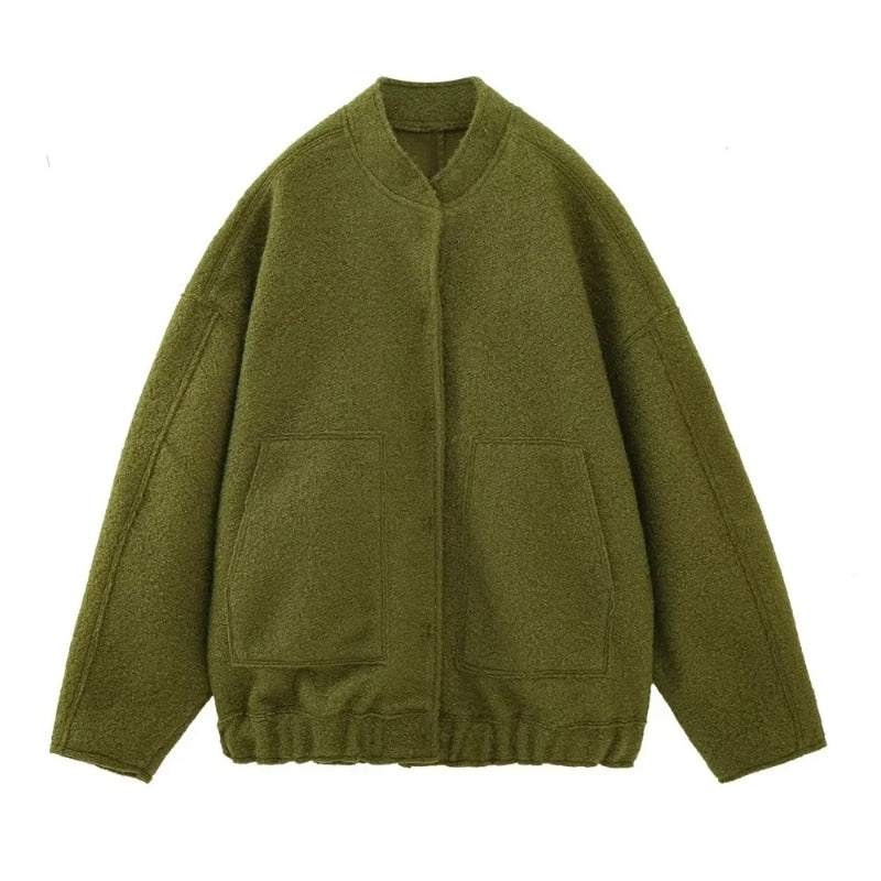 Oversized Wool Coat with Round Neck and Buttons - Selena-Light green-S-The Livary