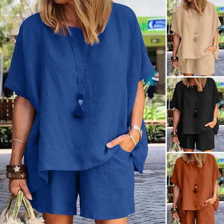 Trendy Two-Piece Linen Summer Set with Shorts for Women – Nayla-Grey-S-The Livary