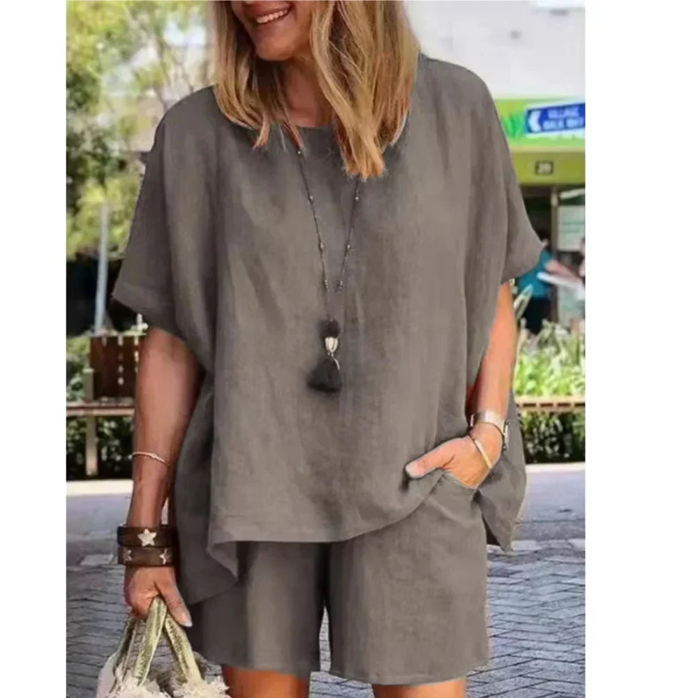 Trendy Two-Piece Linen Summer Set with Shorts for Women – Nayla-Grey-S-The Livary
