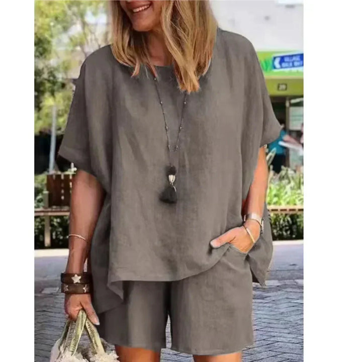 Trendy Two-Piece Linen Summer Set with Shorts for Women – Nayla-Grey-S-The Livary
