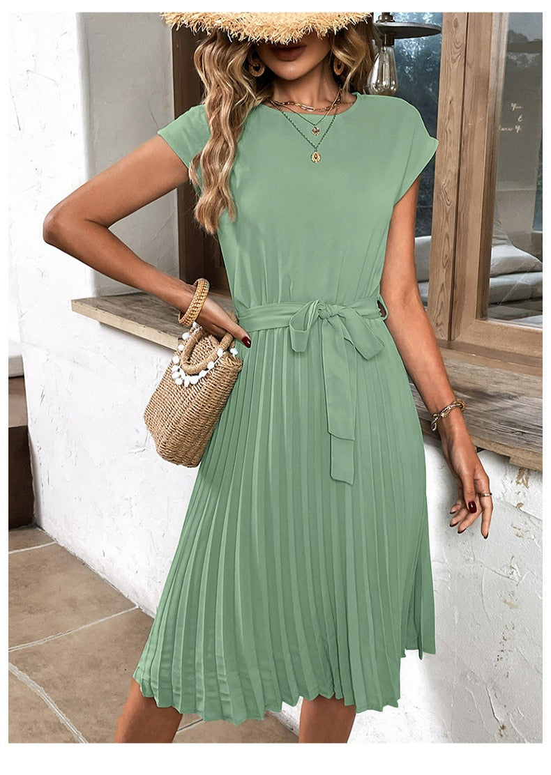Pleated A-Line Summer Dress for Women with Short Sleeves – Melina-Green-S-The Livary