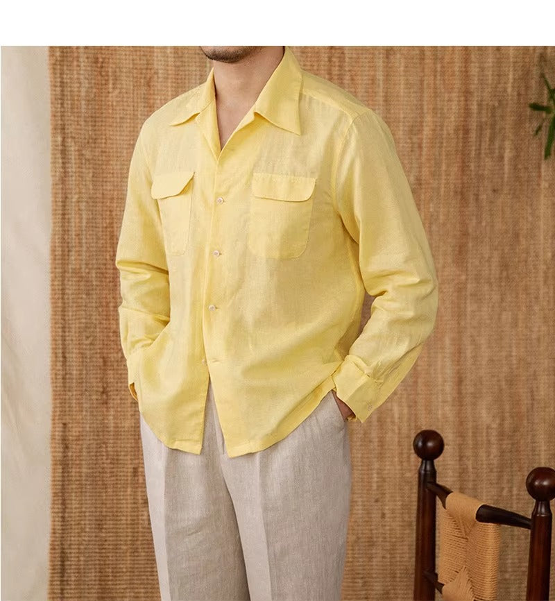 Lightweight men's shirt made of linen with Cuban collar and long sleeves – Mateo-Brown-S-The Livary