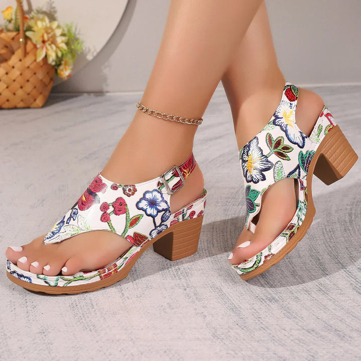 Colourful women's sandals with floral pattern and block heel – Yasmina-3-The Livary