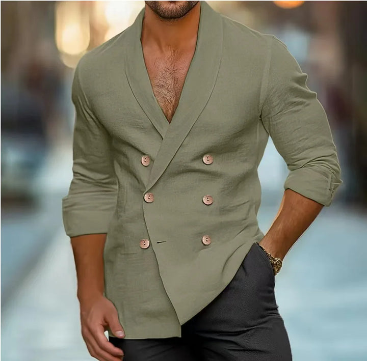 Breathable & Stylish Double-Breasted Linen Shirt for Men – Mateo-Olive green-S-The Livary