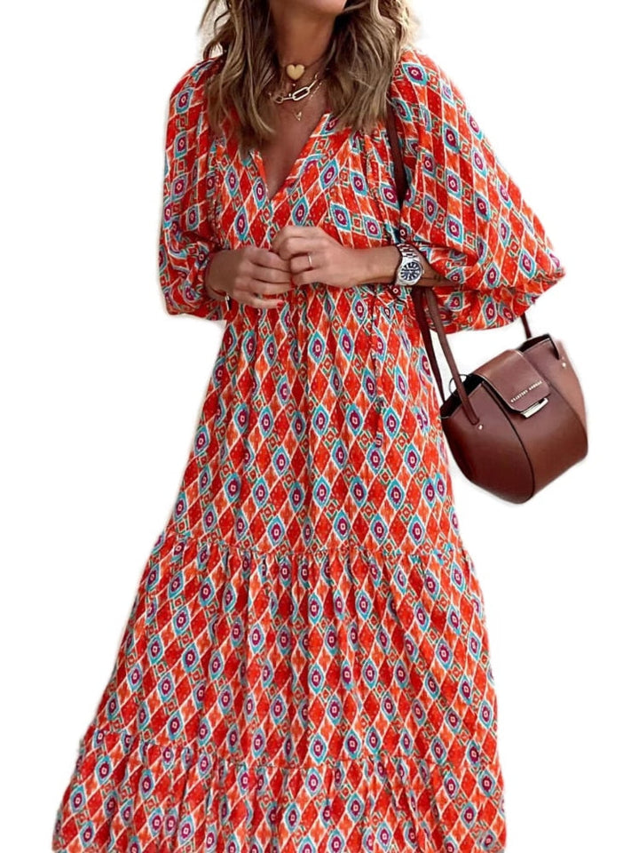 Printed maxi dress with waist band – Aurelia-Orange-S-The Livary
