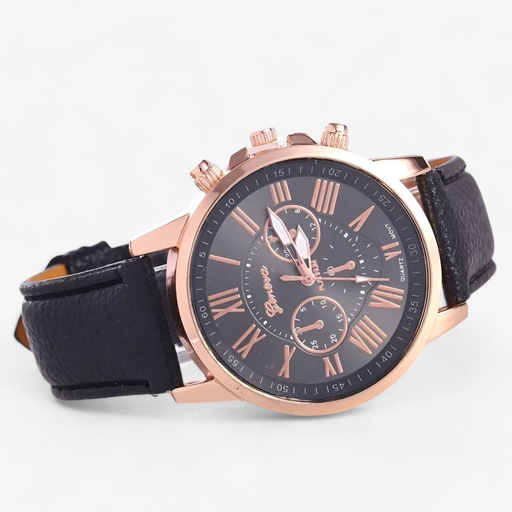 Luxury Waterproof Women's Watch with Leather Strap - Camille-Black-The Livary