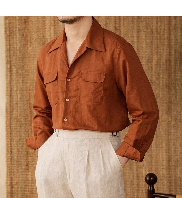 Lightweight men's shirt made of linen with Cuban collar and long sleeves – Mateo-Brown-S-The Livary