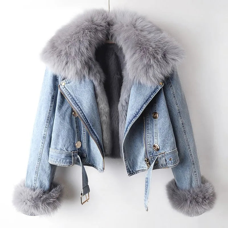 Denim and Faux Fur Elegance Jacket - Stella-Blue-XS-The Livary