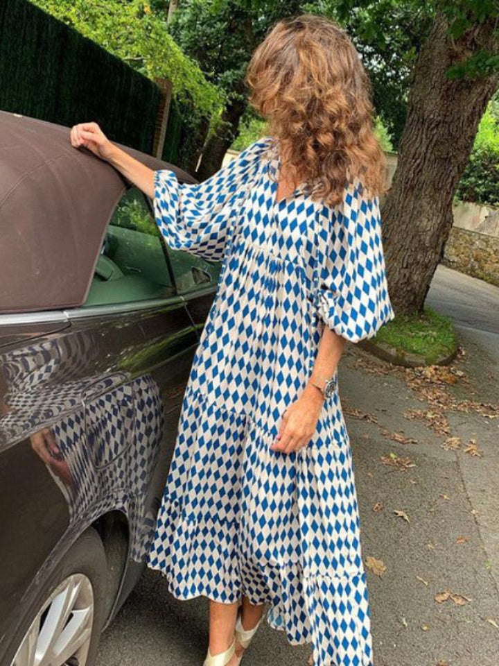 Printed maxi dress with waist band – Aurelia-Blue-S-The Livary