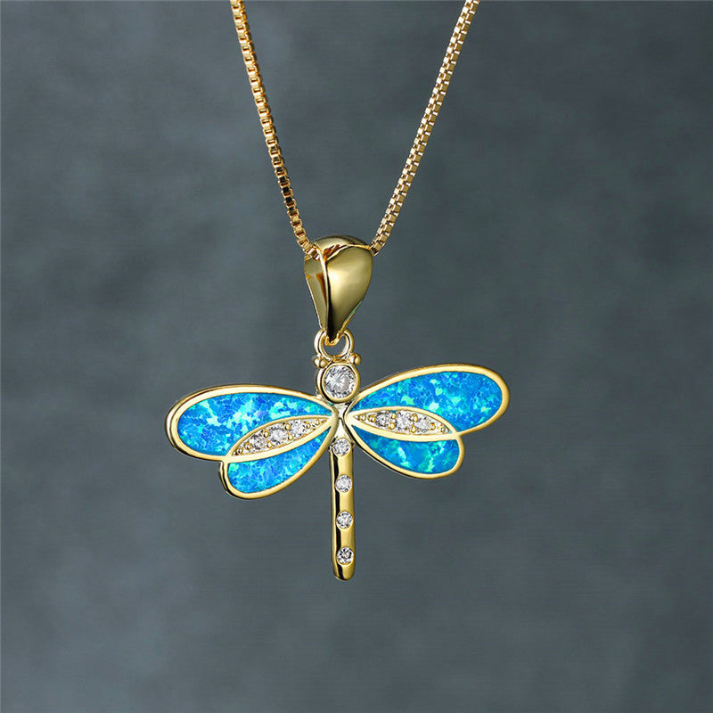 Golden Dragonfly Necklace with Opal - Isolde-White-The Livary