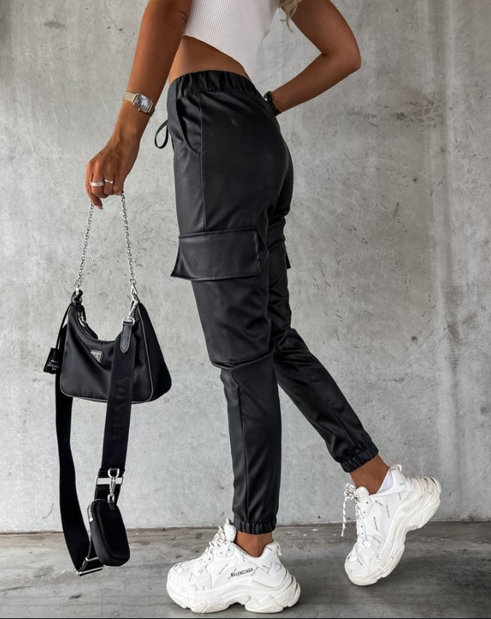 Faux Leather Cargo Trousers for Women - Jade-S-The Livary