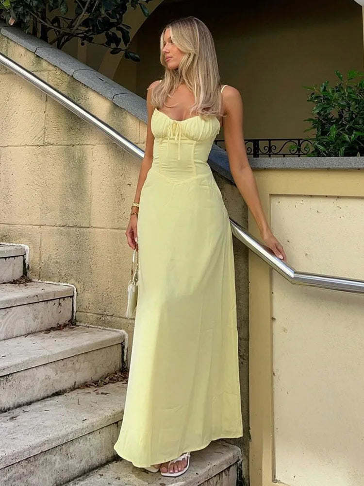 Airy A-line corsage maxi dress with spaghetti straps – Serina-Yellow-S-The Livary