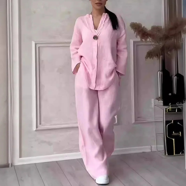 Airy & Stylish Summer Set with Blouse & Wide Trousers made of Linen – Melina-Pink-S-The Livary