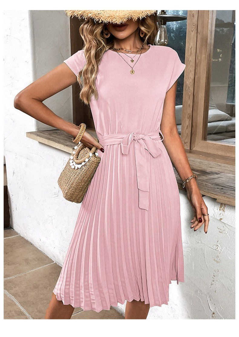 Pleated A-Line Summer Dress for Women with Short Sleeves – Melina-Pink-S-The Livary