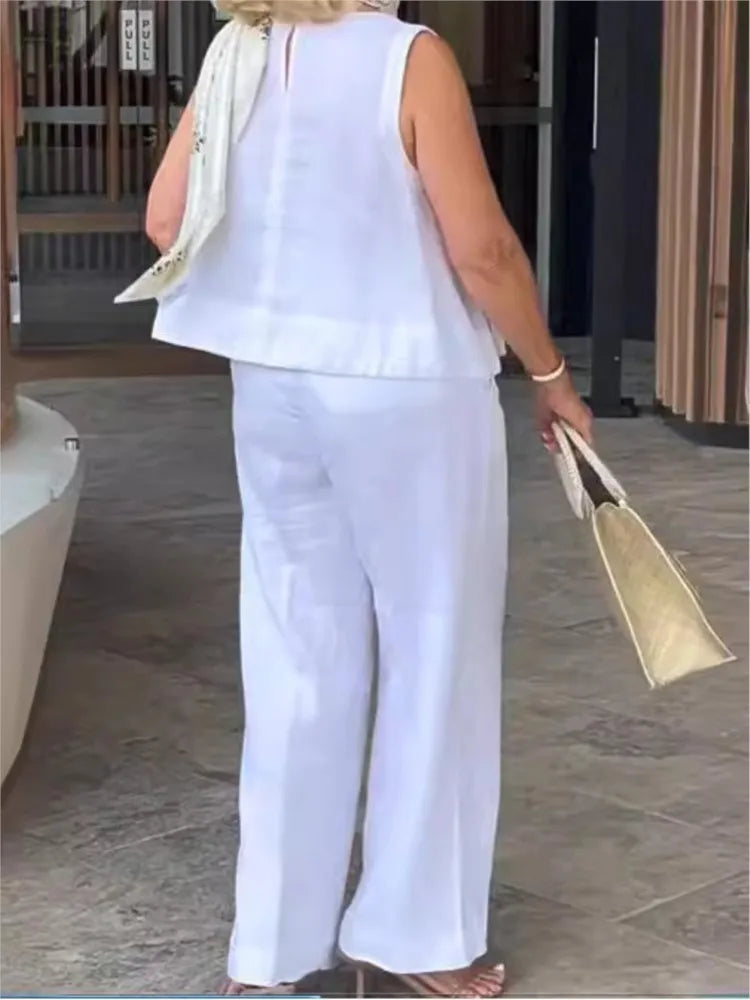 Two-piece women's summer set made of linen with sleeveless blouse – Maelis-Yellow-S-The Livary