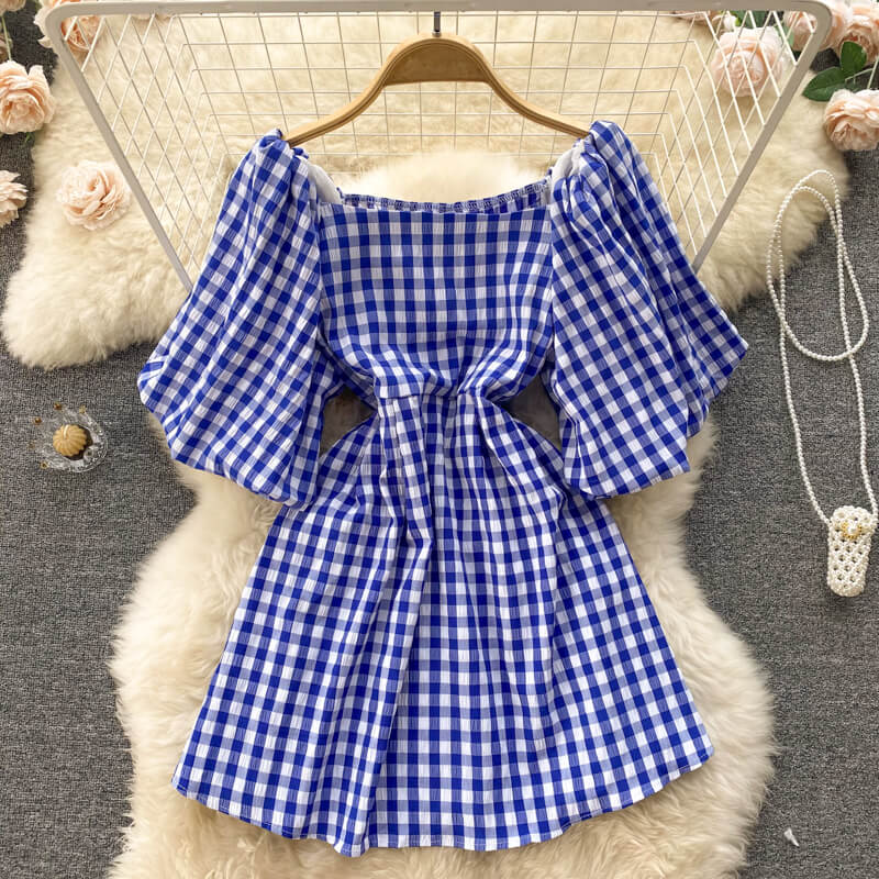 Fashionable women's dress with square neckline & puff sleeves - Selina-Blue-The Livary