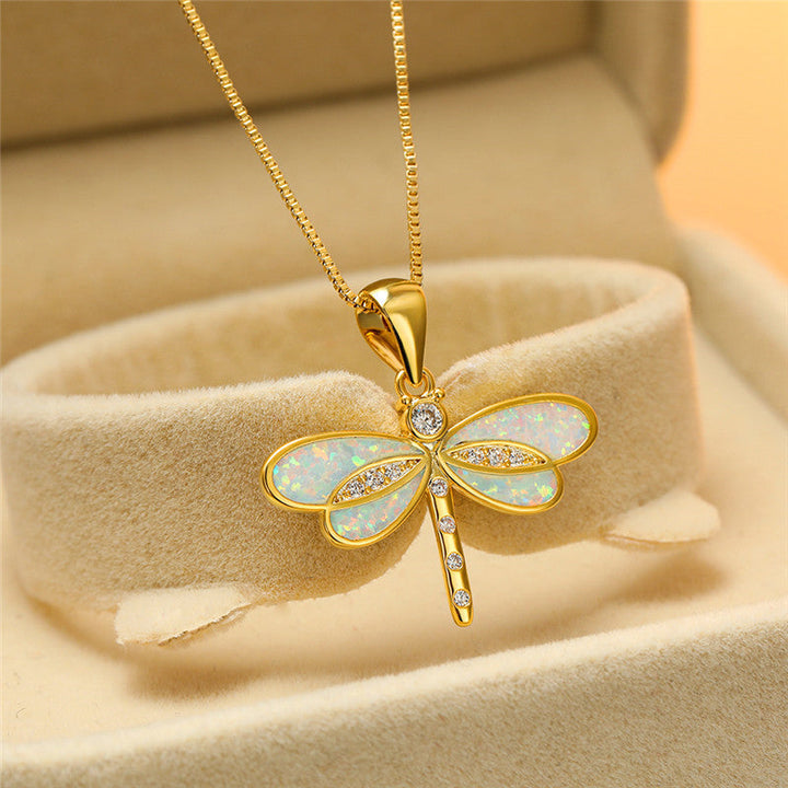 Golden Dragonfly Necklace with Opal - Isolde-White-The Livary