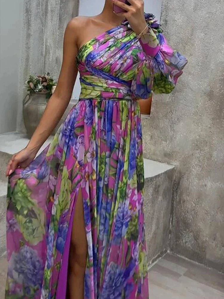 Lila Maxi Dress with Print and Side Split, one Sleeve - Viola-S-The Livary