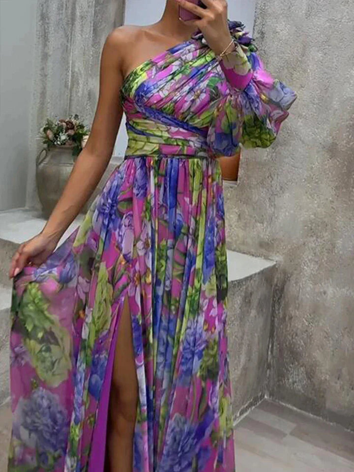 Lila Maxi Dress with Print and Side Split, one Sleeve - Viola-S-The Livary