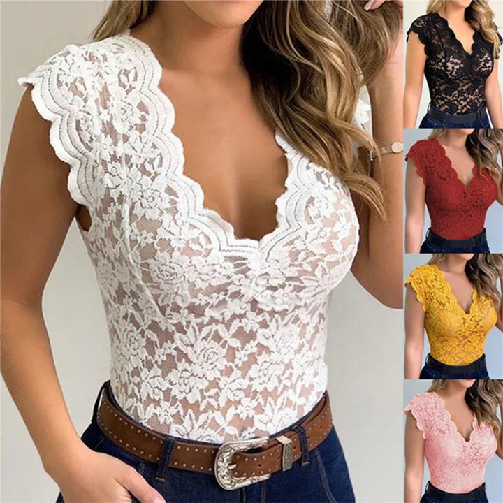 Stylish ladies' summer top made of lace with floral pattern - SpitzenLicht-Red-S-The Livary