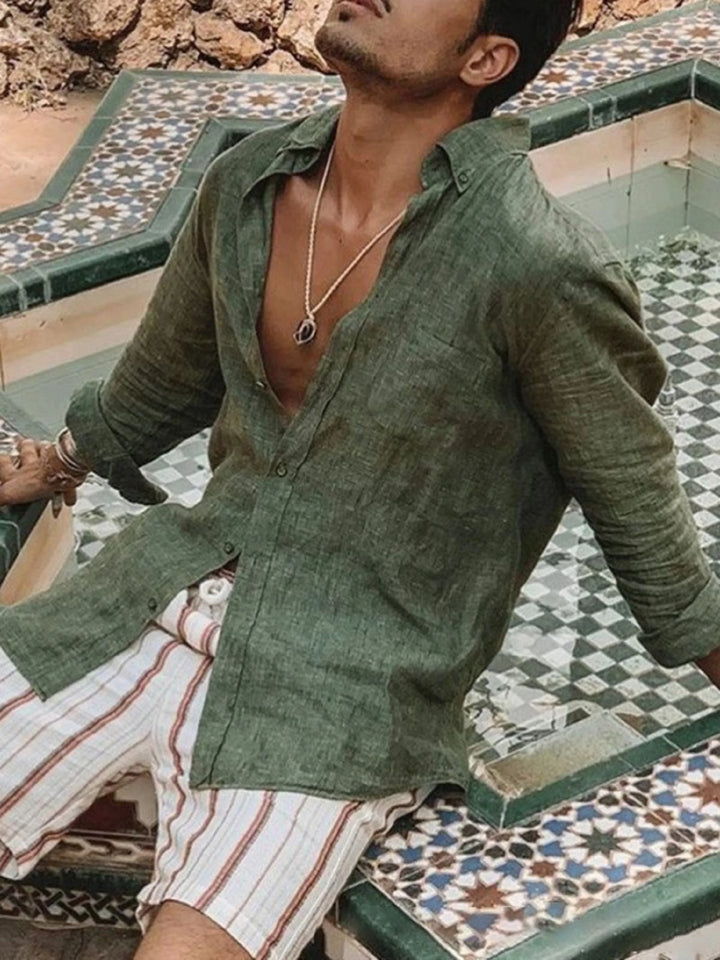 Light men's linen shirt with button placket – Fabio-Green-S-The Livary
