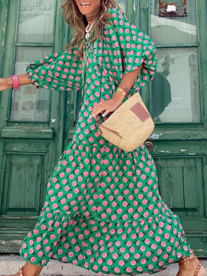 Printed maxi dress with waist band – Aurelia-Green-S-The Livary