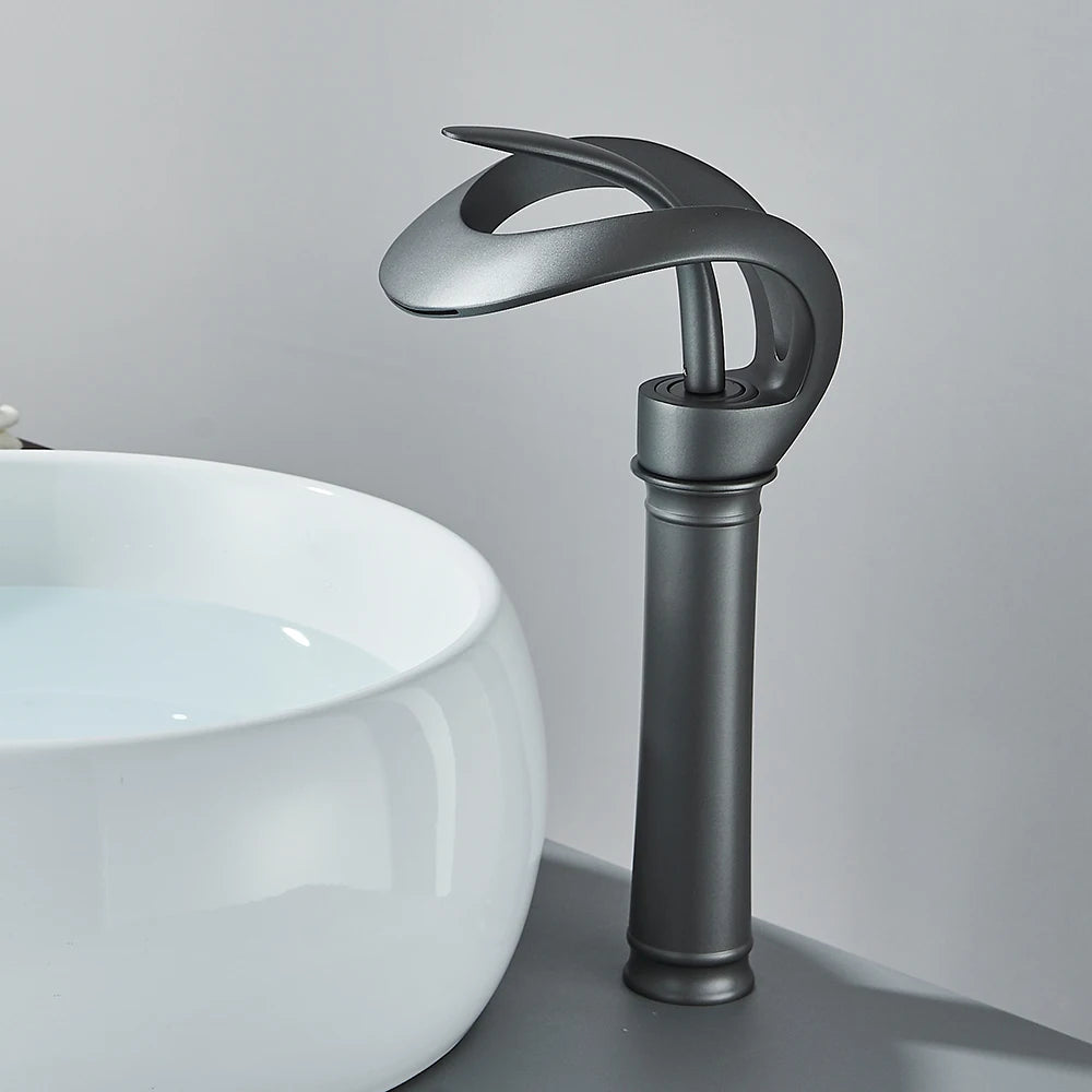 Messing Basin Mixer Tap with Waterfall Spout - Flowarc-Gray-Long-The Livary