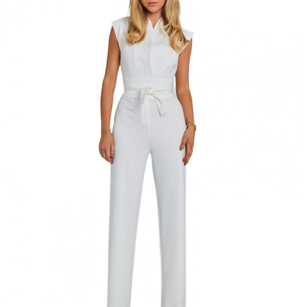 Airy women's jumpsuit with wide legs and a V-neck – Maribel-White-S-The Livary