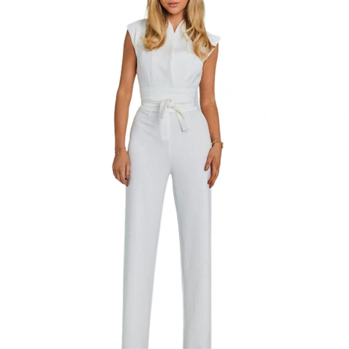 Airy women's jumpsuit with wide legs and a V-neck – Maribel-White-S-The Livary