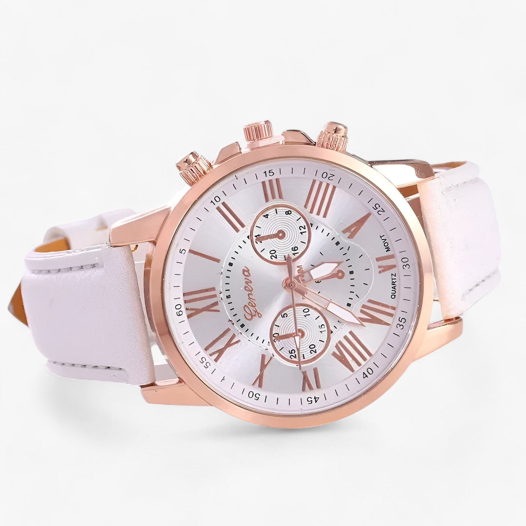 Luxury Waterproof Women's Watch with Leather Strap - Camille-White-The Livary