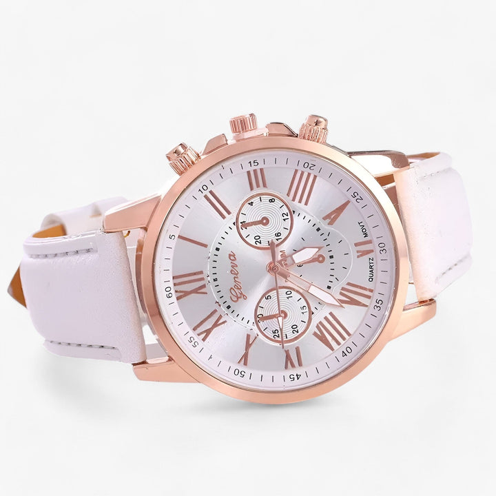 Luxury Waterproof Women's Watch with Leather Strap - Camille-White-The Livary