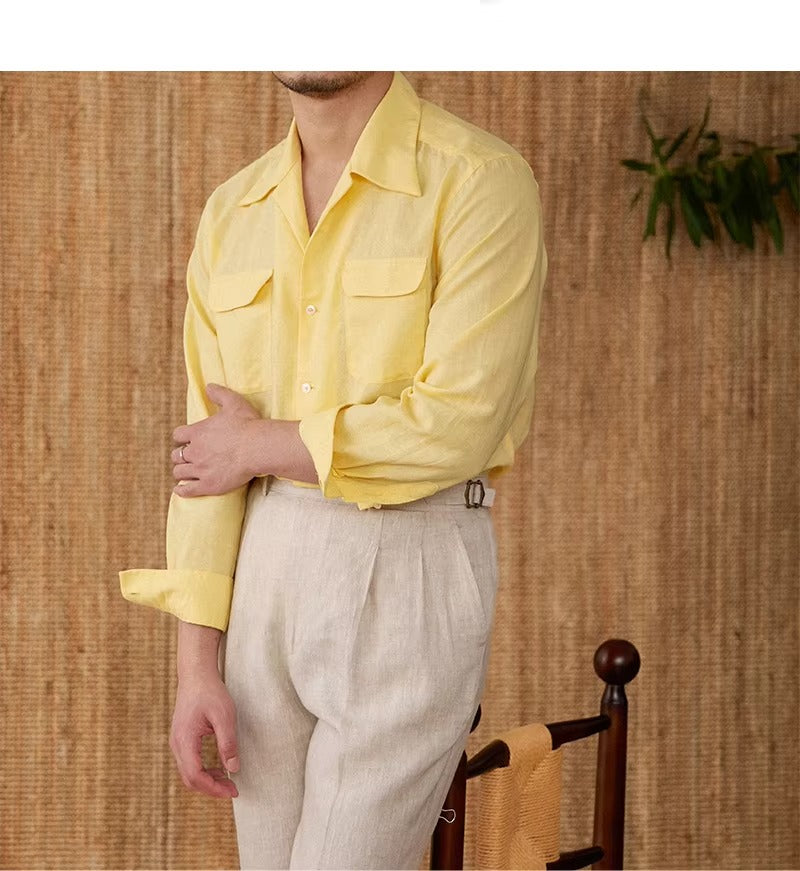 Lightweight men's shirt made of linen with Cuban collar and long sleeves – Mateo-Brown-S-The Livary