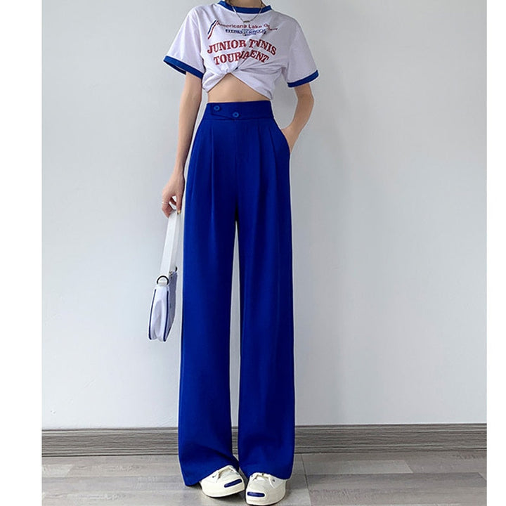 High-Waist Casual Women's Trousers with Wide Leg – Emilia-Blue-S-The Livary