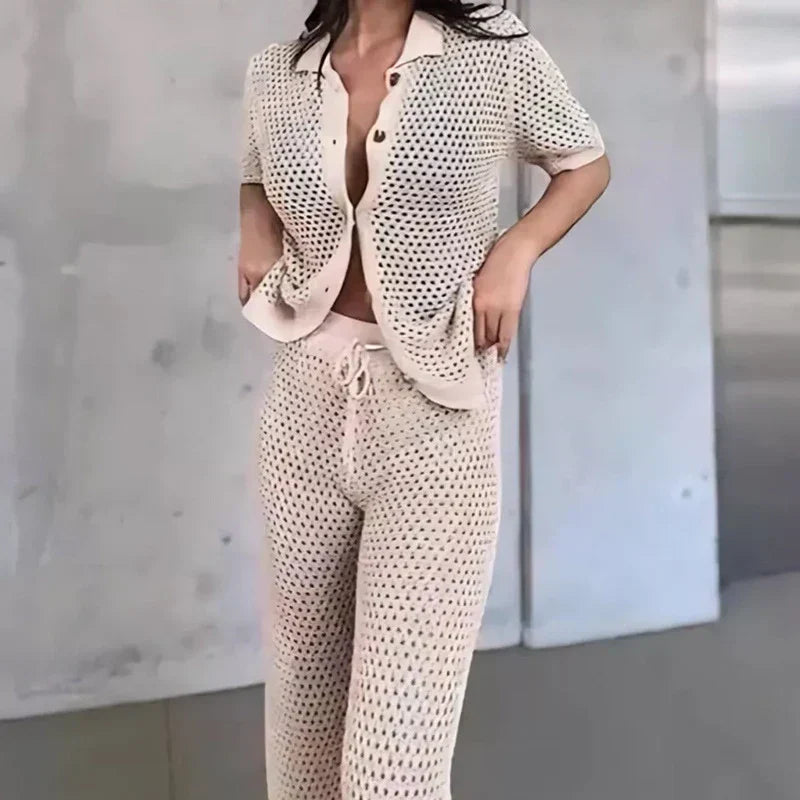 Airy & Stylish Summer Set with Cut-Outs and Long Trousers for Women – Liora-Black-S-The Livary