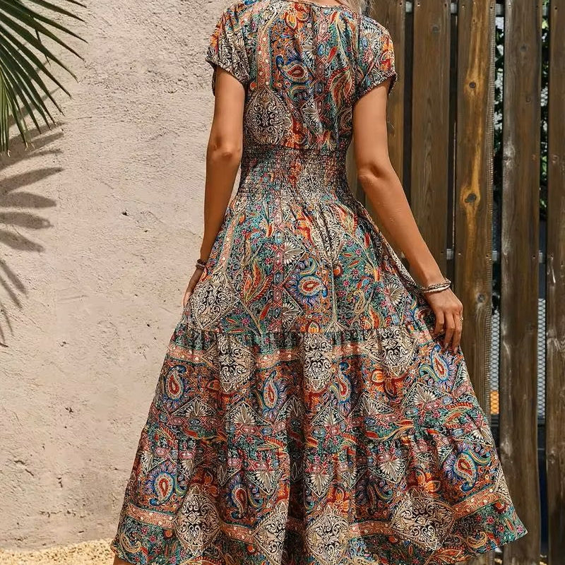 Airy women's maxi dress with ethnic print & V-neck – Nayeli-Blue-S-The Livary