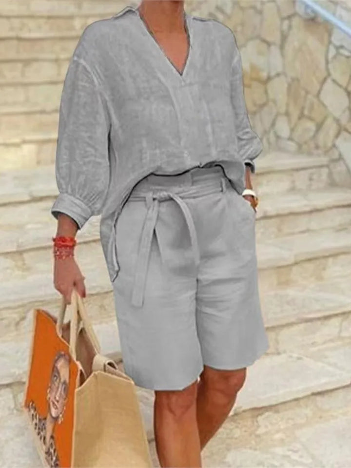 Airy & Stylish Two-Piece Linen Set with Blouse & Shorts for Women – Malea-Light grey-S-The Livary