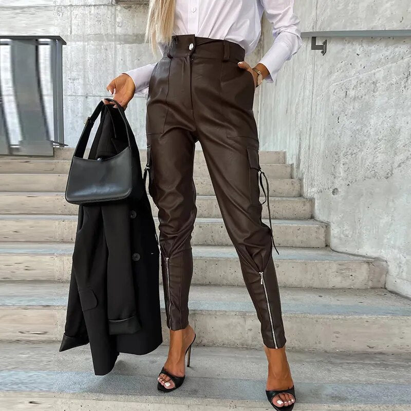 Trendy Ladies Leather Trousers - Sophie-Brown-S-The Livary